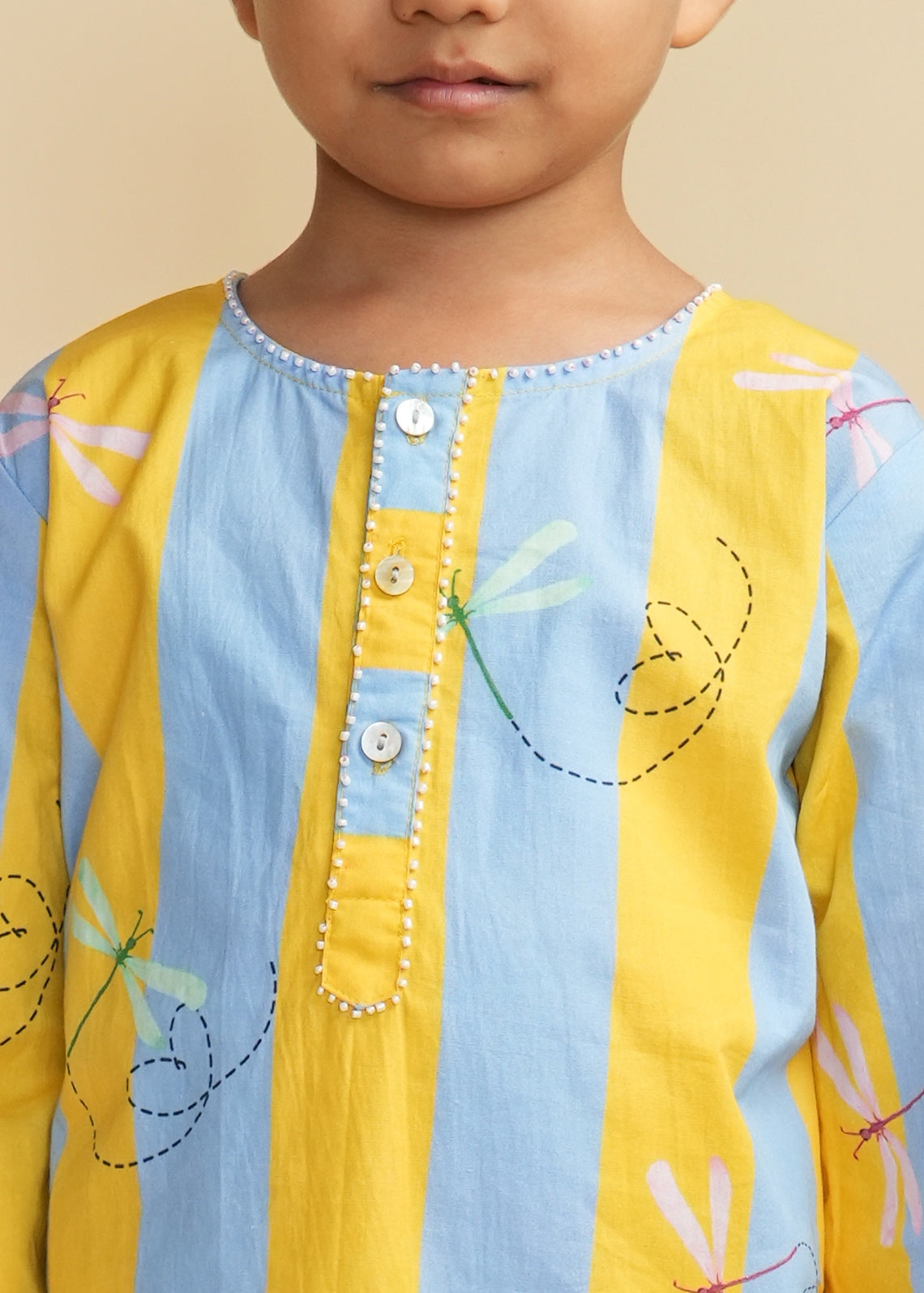 Boys Cotton Kurta Set with Hand Embroidered Beadwork – Stripes and Dragonflies