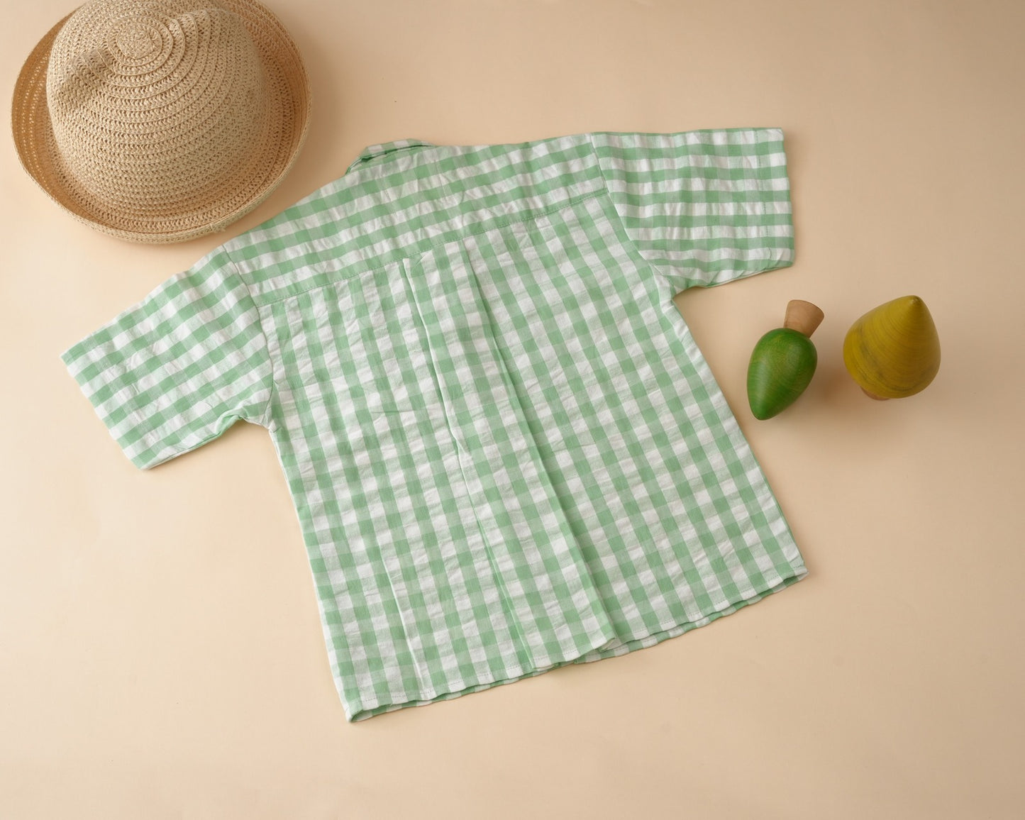 Mint Gingham Open Collar Shirt with Short Sleeve