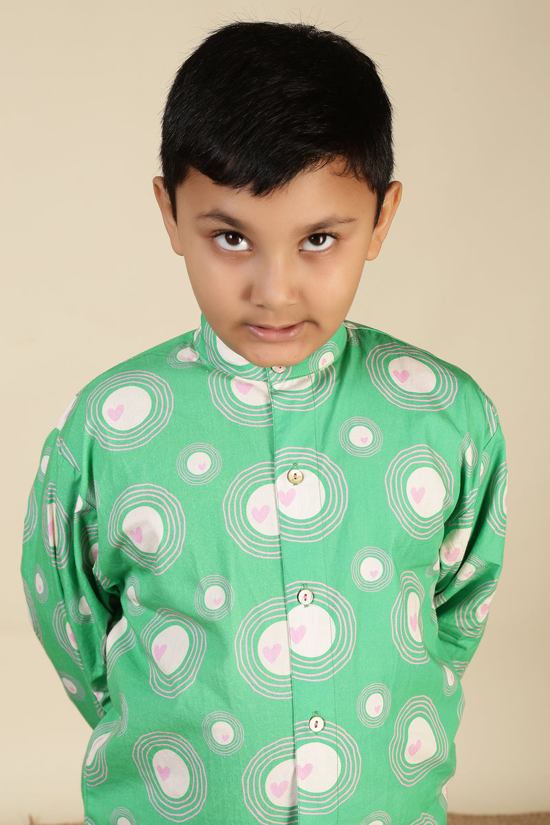 Boys Cotton Chinese Collar Shirt–Green Heart Ripples