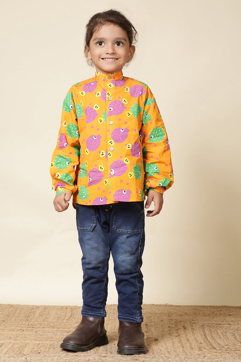 Boys Cotton Chinese Collar Shirt– Orange Puffer Fish