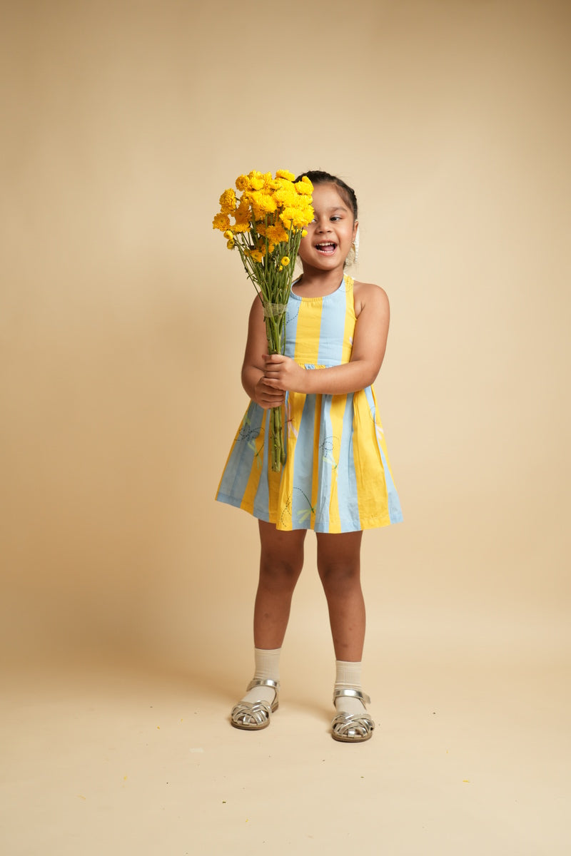 Girls Racerback Cotton Dress with Lace Detailing - Stripes and Dragonflies