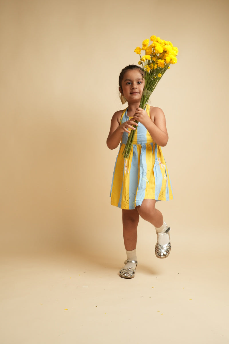 Girls Racerback Cotton Dress with Lace Detailing - Stripes and Dragonflies
