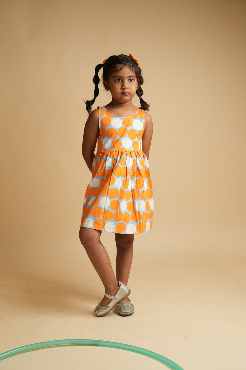 Girls Scalloped Back Cotton Dress - Orange Spot Dot