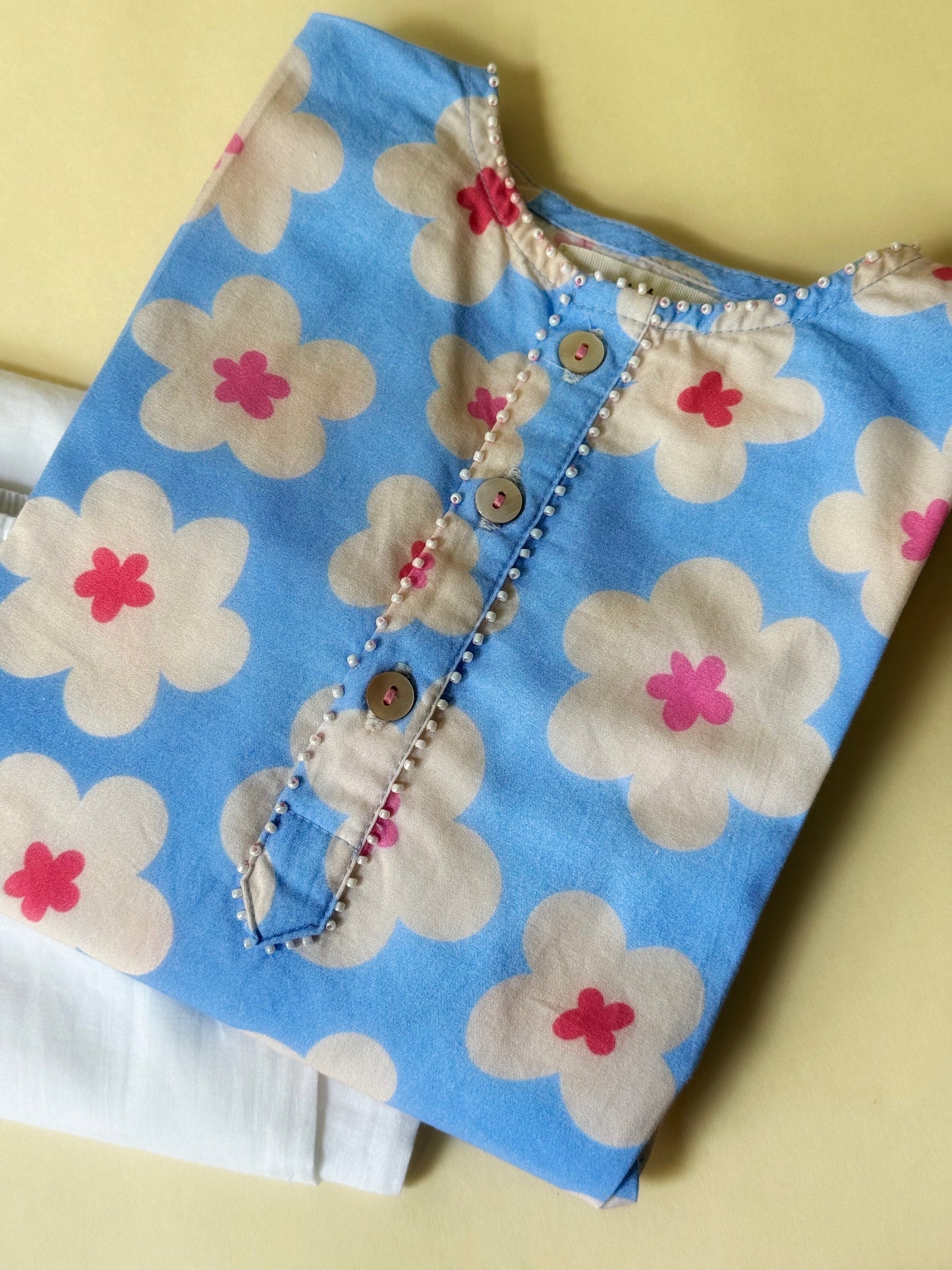 Boys Cotton Kurta Set with Hand Embroidered Beadwork – Blue Cloud Daisies