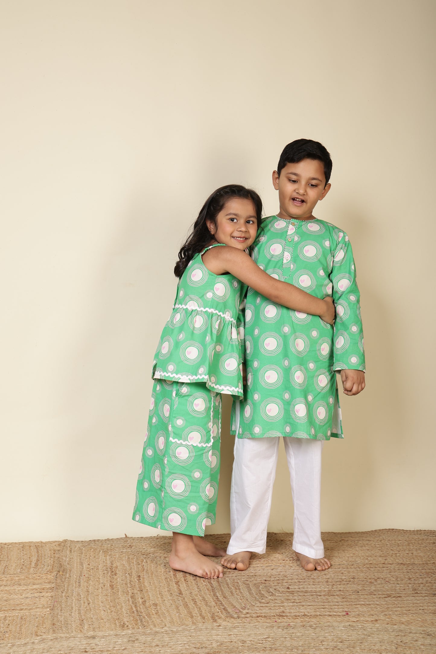 Boys Cotton Kurta Set with Hand Embroidered Beadwork - Green Heart Ripples