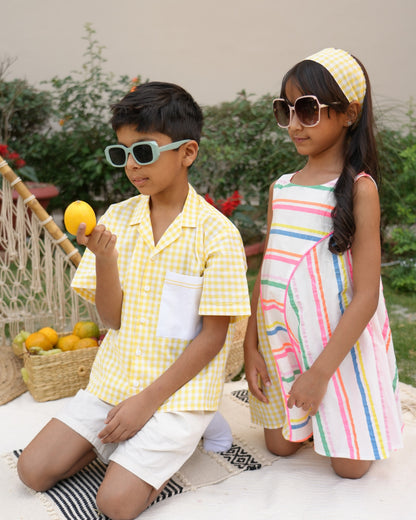 Candy Stripe Asymmetrical Lemon Panel Dress
