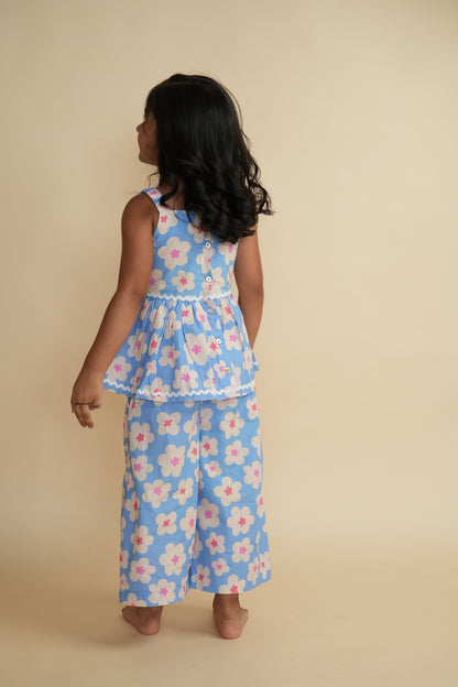 Girls Cotton Co-ord Set with Lace - Cloud Daisies and Blue