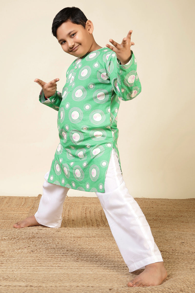Boys Cotton Kurta Set with Hand Embroidered Beadwork - Green Heart Ripples