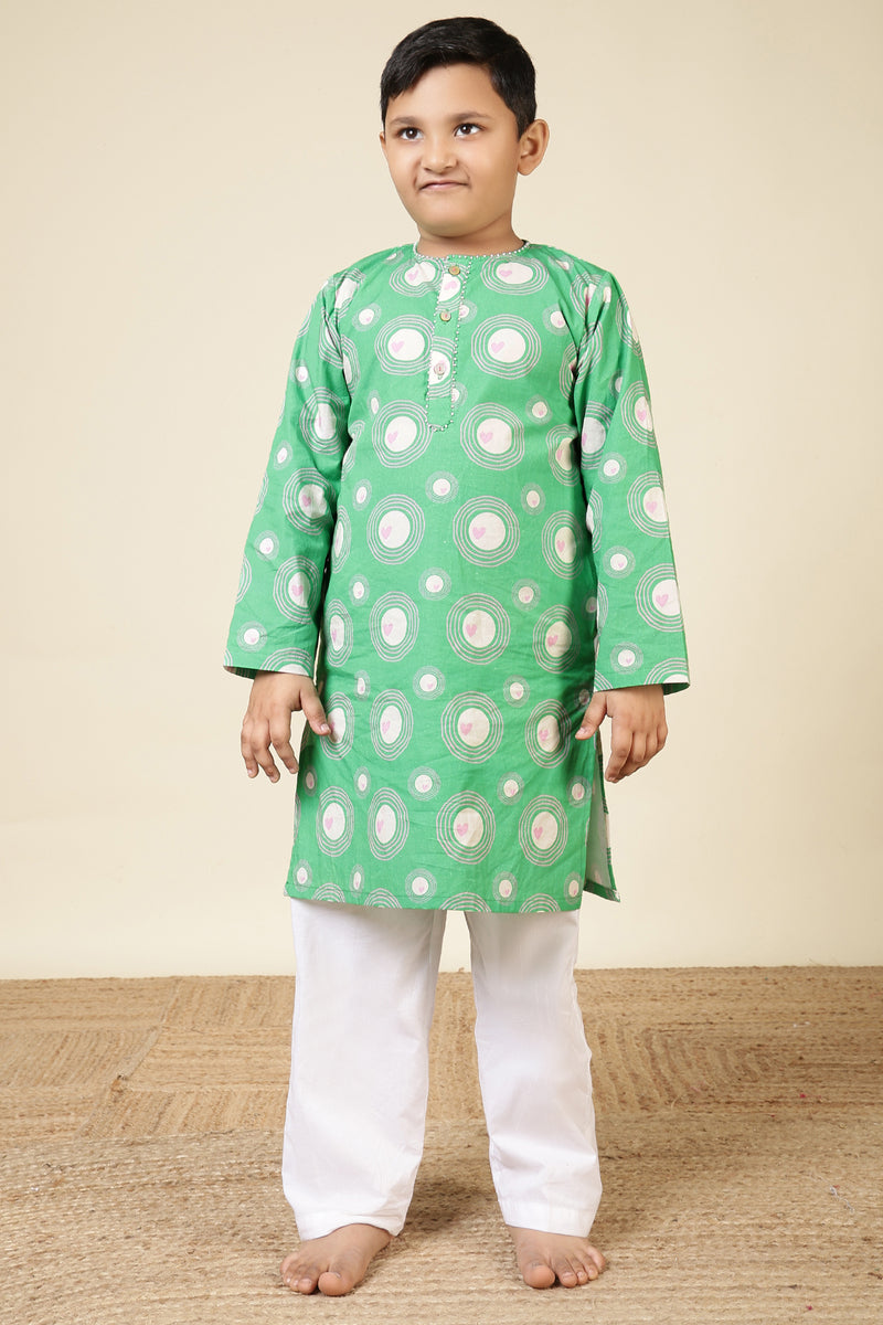 Boys Cotton Kurta Set with Hand Embroidered Beadwork - Green Heart Ripples