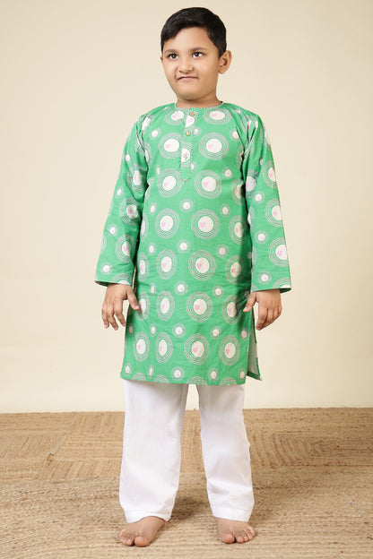 Boys Cotton Kurta Set with Hand Embroidered Beadwork - Green Heart Ripples