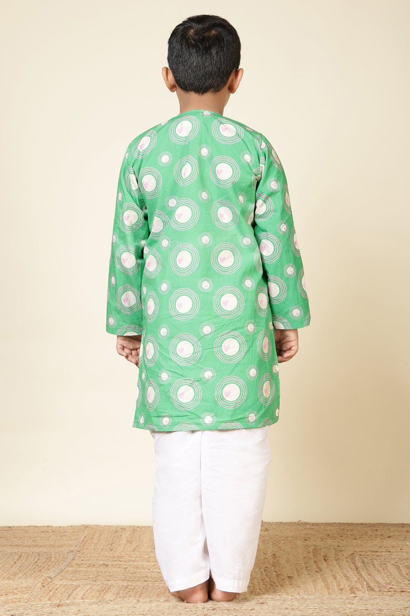 Boys Cotton Kurta Set with Hand Embroidered Beadwork - Green Heart Ripples
