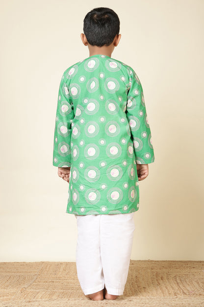 Boys Cotton Kurta Set with Hand Embroidered Beadwork - Green Heart Ripples