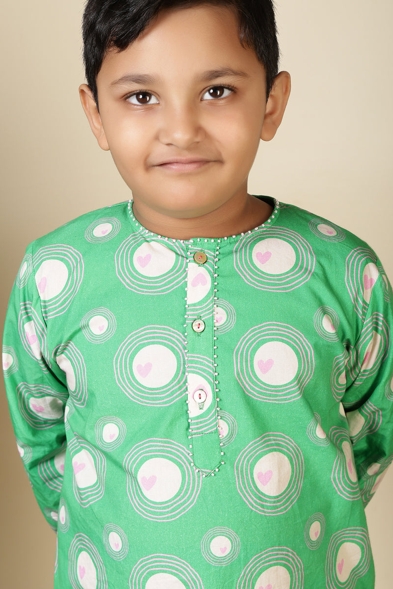 Boys Cotton Kurta Set with Hand Embroidered Beadwork - Green Heart Ripples