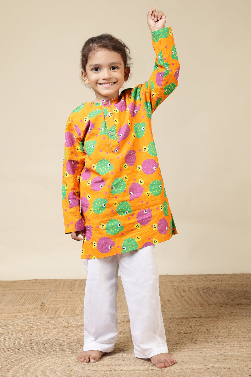 Boys Cotton Kurta Set with Hand Embroidered Beadwork – Orange Puffer Fish