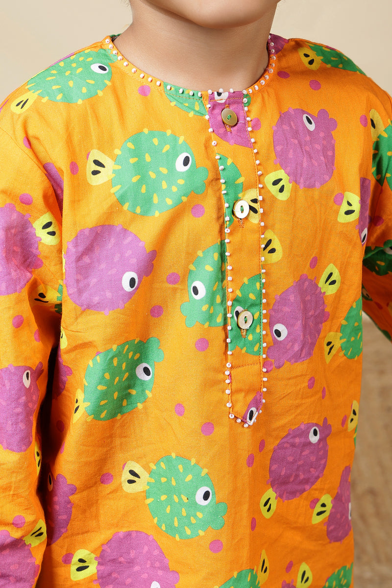 Boys Cotton Kurta Set with Hand Embroidered Beadwork – Orange Puffer Fish