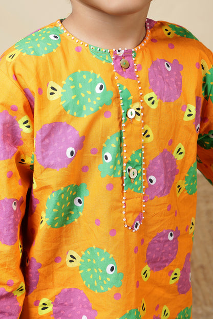 Boys Cotton Kurta Set with Hand Embroidered Beadwork – Orange Puffer Fish