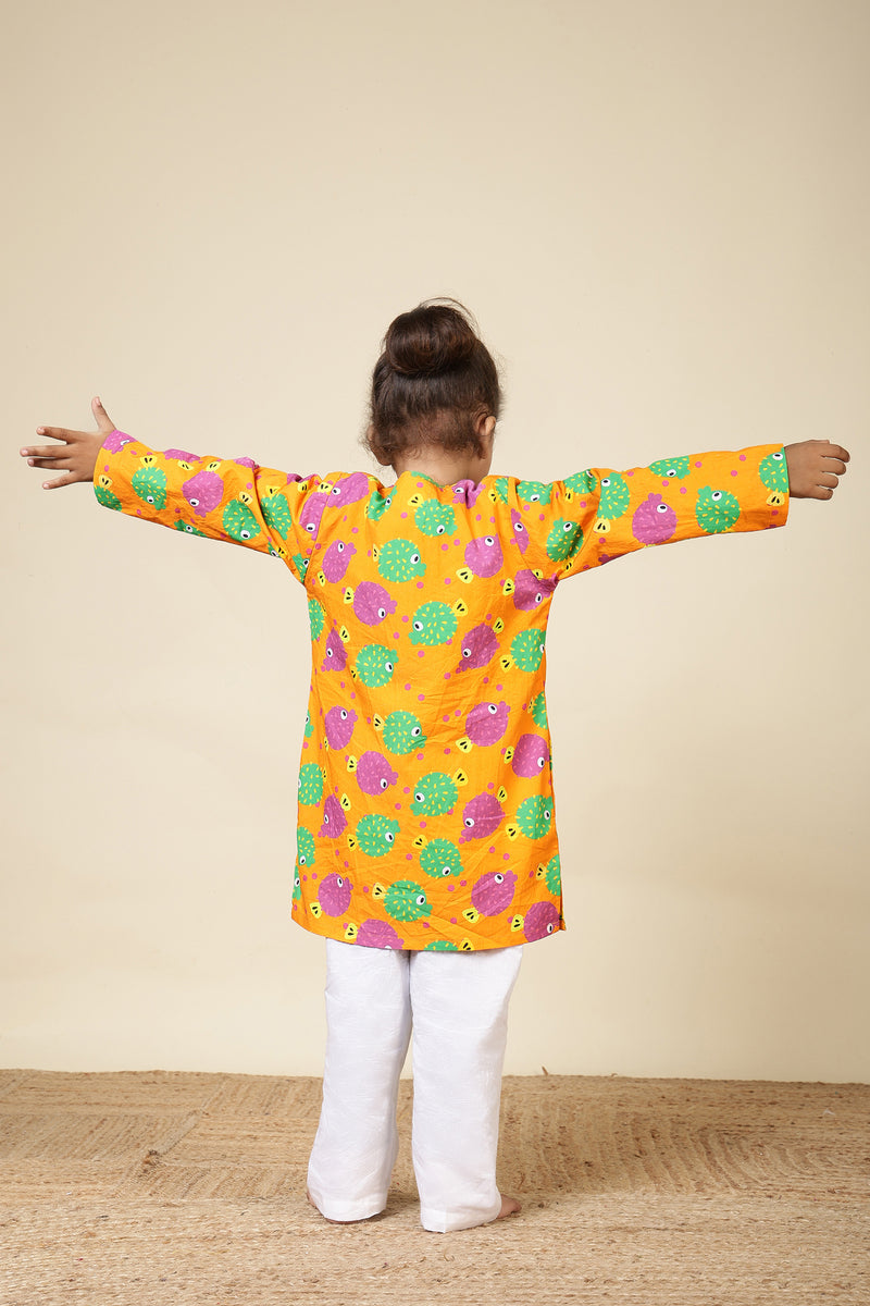 Boys Cotton Kurta Set with Hand Embroidered Beadwork – Orange Puffer Fish