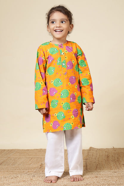 Boys Cotton Kurta Set with Hand Embroidered Beadwork – Orange Puffer Fish