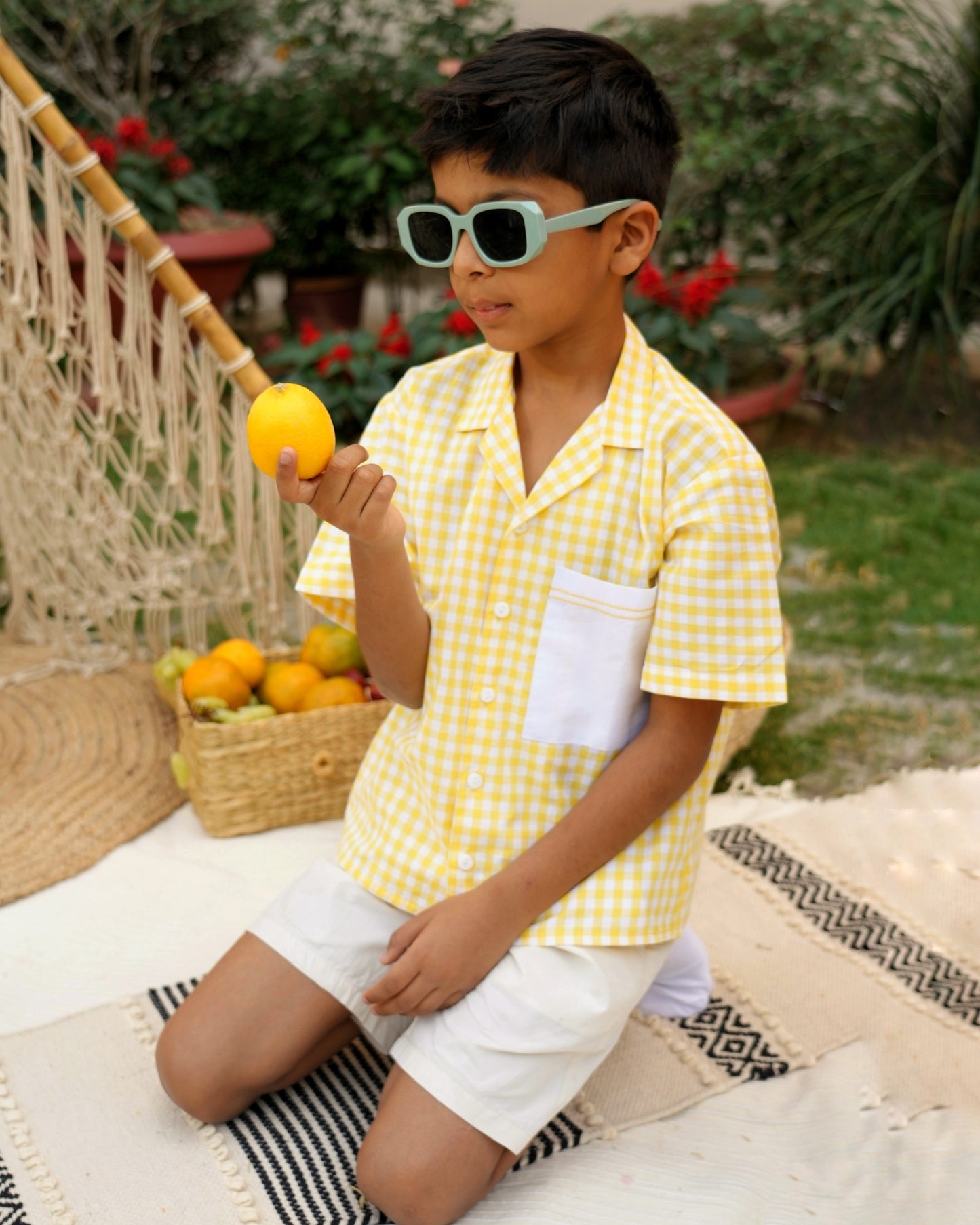 Lemon Gingham Open Collar Shirt with Short Sleeves