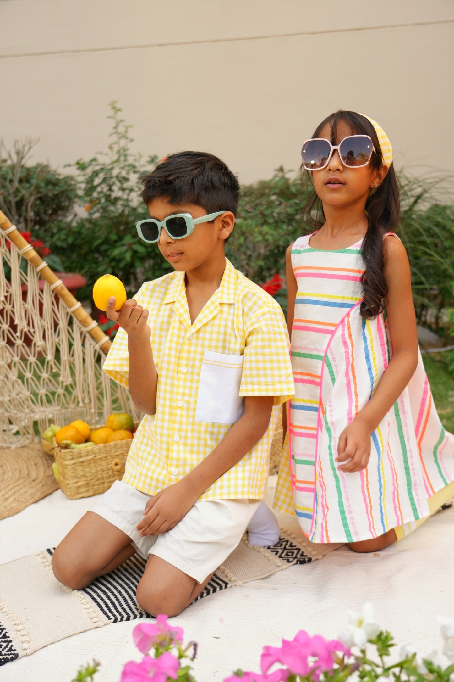 Lemon Gingham Open Collar Shirt with Short Sleeves