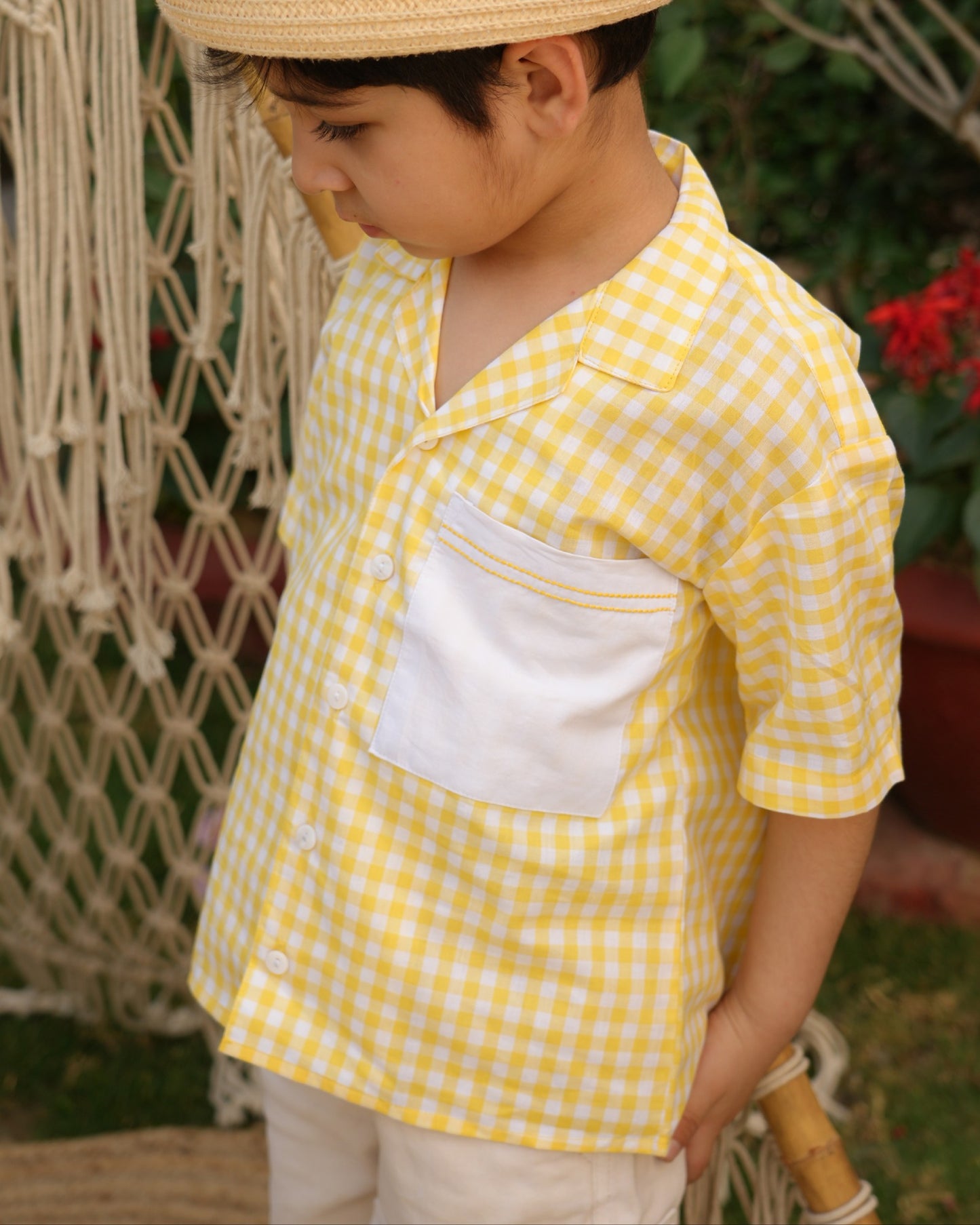 Lemon Gingham Open Collar Shirt with Short Sleeves