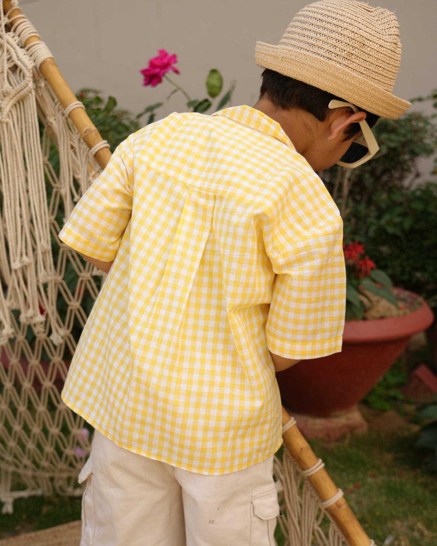 Lemon Gingham Open Collar Shirt with Short Sleeves