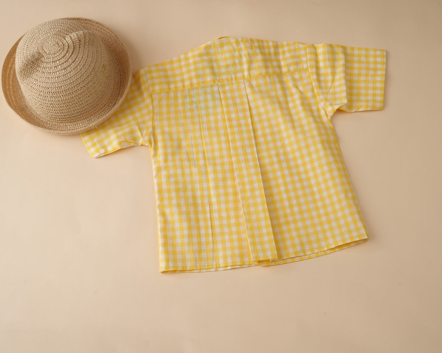Lemon Gingham Open Collar Shirt with Short Sleeves
