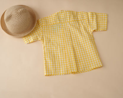 Lemon Gingham Open Collar Shirt with Short Sleeves