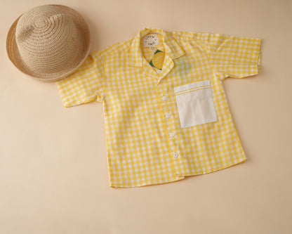 Lemon Gingham Open Collar Shirt with Short Sleeves