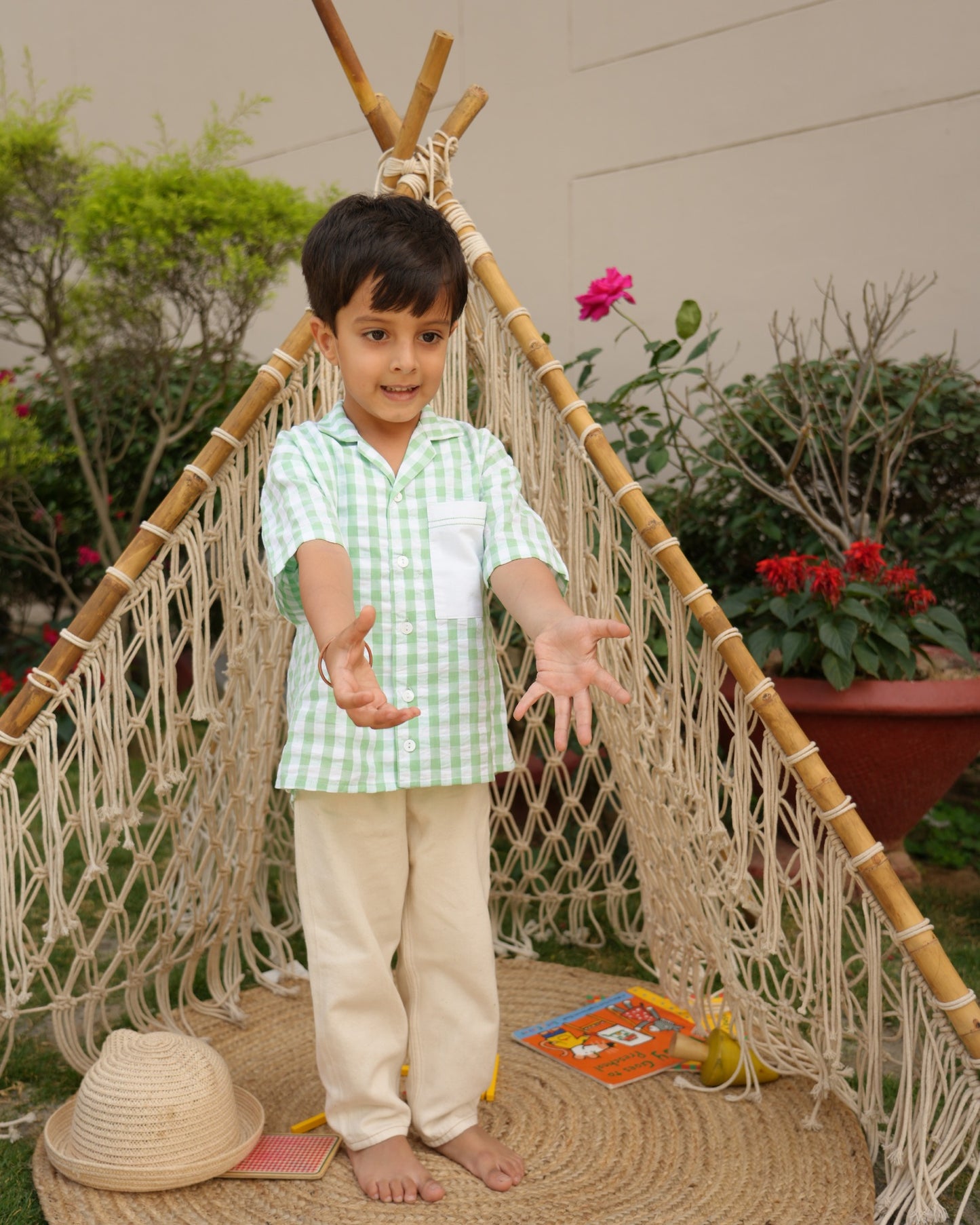 Mint Gingham Open Collar Shirt with Short Sleeve
