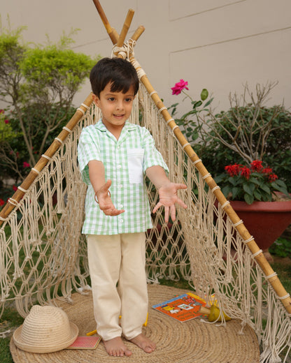Mint Gingham Open Collar Shirt with Short Sleeve