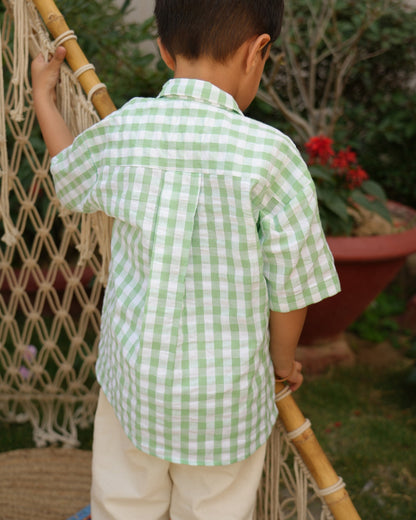 Mint Gingham Open Collar Shirt with Short Sleeve