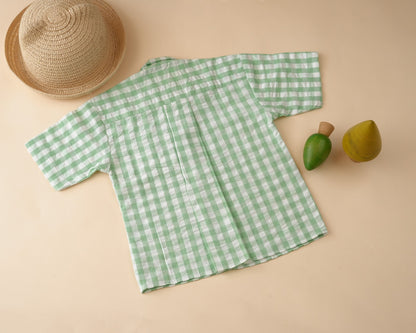 Mint Gingham Open Collar Shirt with Short Sleeve