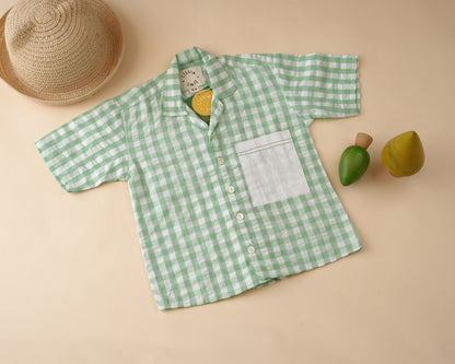 Mint Gingham Open Collar Shirt with Short Sleeve