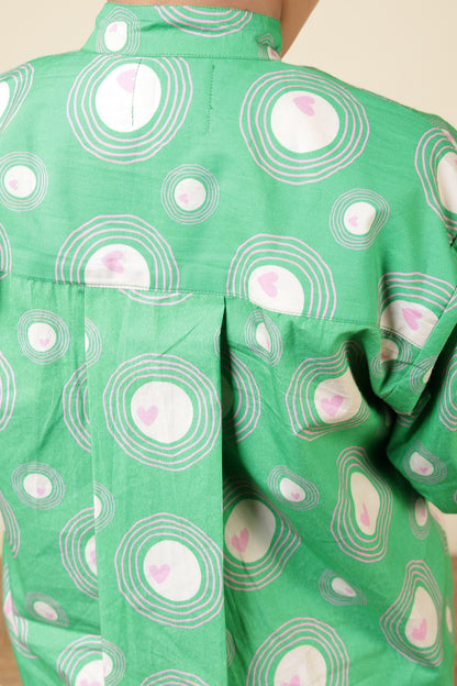Boys Cotton Chinese Collar Shirt–Green Heart Ripples