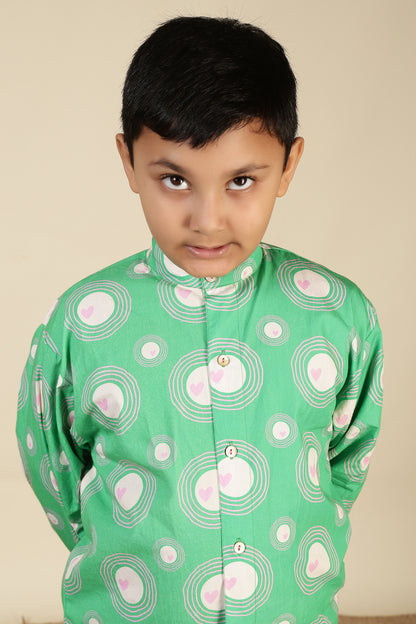 Boys Cotton Chinese Collar Shirt–Green Heart Ripples