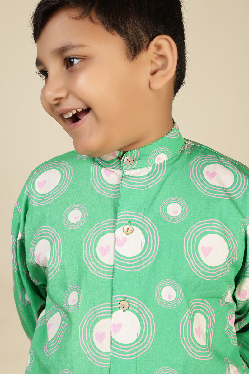 Boys Cotton Chinese Collar Shirt–Green Heart Ripples