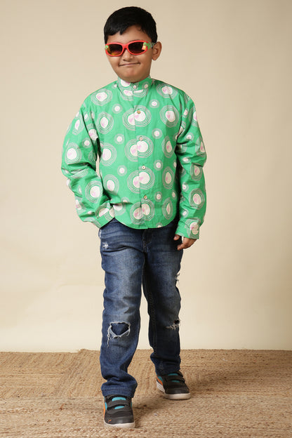 Boys Cotton Chinese Collar Shirt–Green Heart Ripples