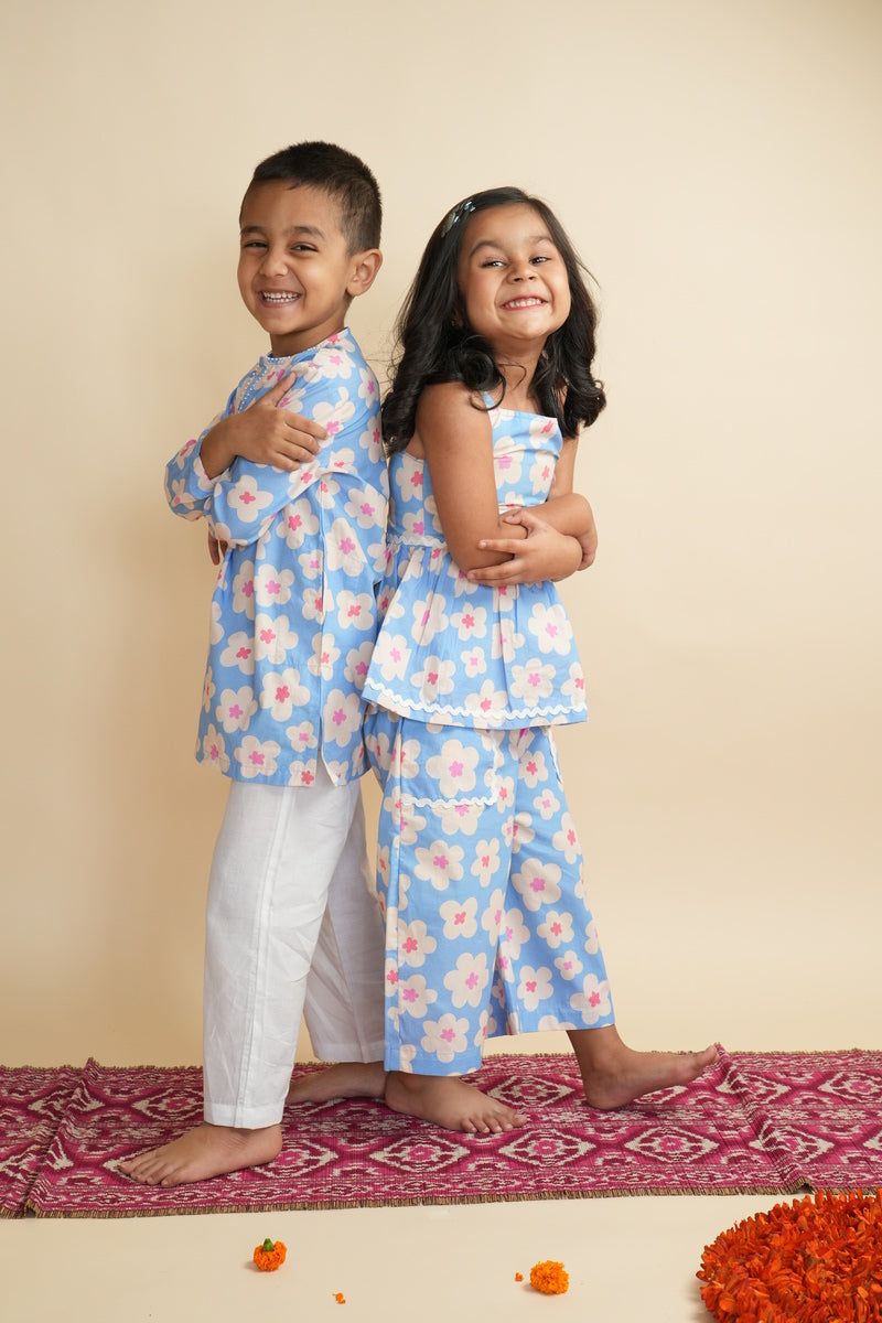 Boys Cotton Kurta Set with Hand Embroidered Beadwork – Blue Cloud Daisies