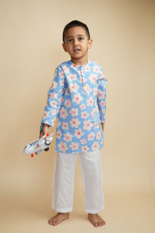 Boys Cotton Kurta Set with Hand Embroidered Beadwork – Blue Cloud Daisies