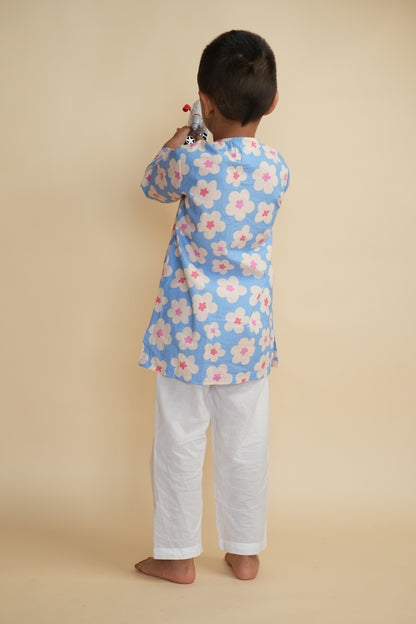 Boys Cotton Kurta Set with Hand Embroidered Beadwork – Blue Cloud Daisies