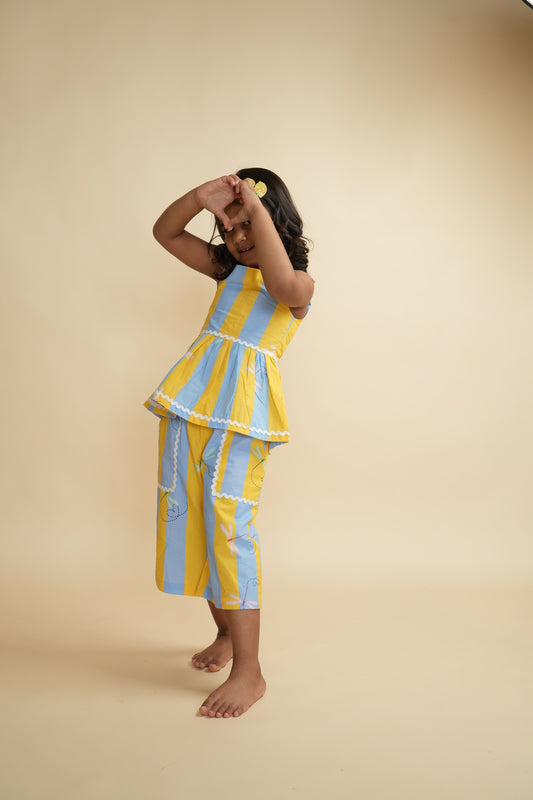 Girls Cotton Co-ord Set with Lace - Stripes and Dragonflies