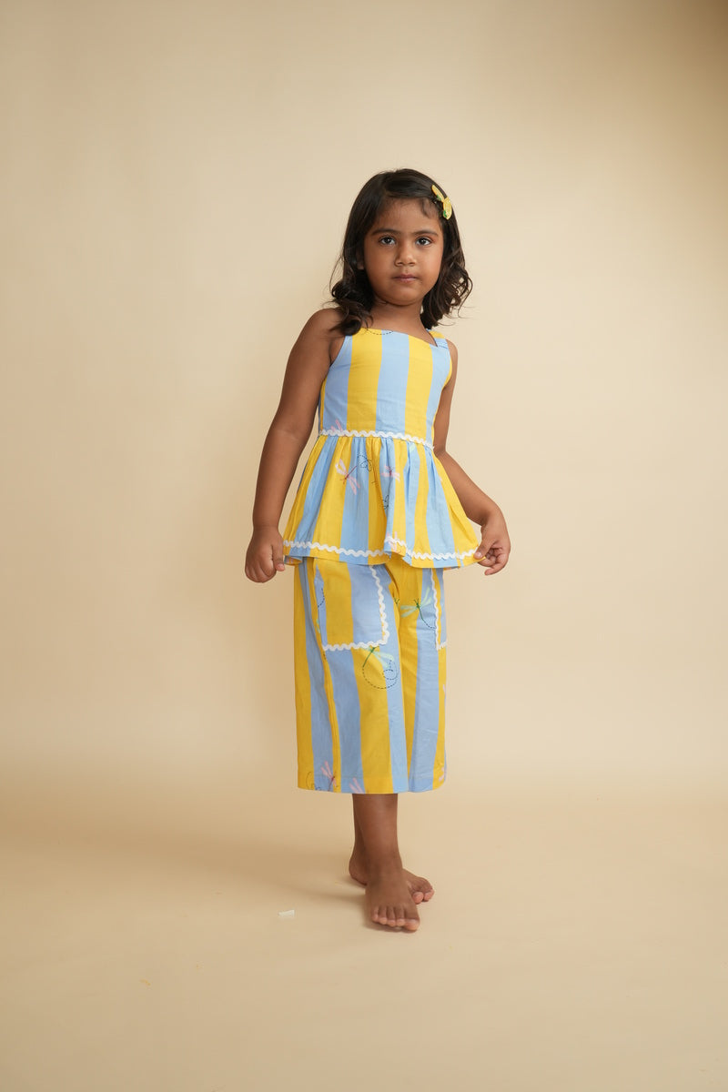 Girls Cotton Co-ord Set with Lace - Stripes and Dragonflies