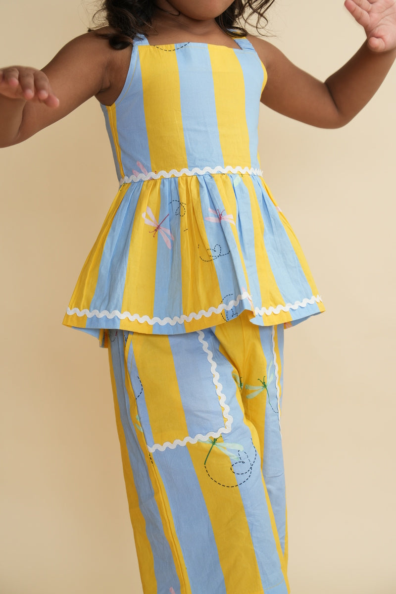 Girls Cotton Co-ord Set with Lace - Stripes and Dragonflies