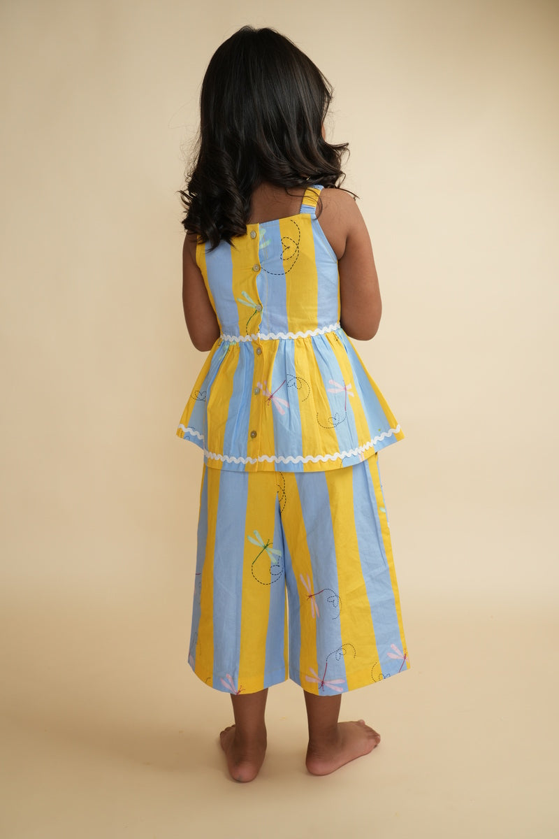 Girls Cotton Co-ord Set with Lace - Stripes and Dragonflies