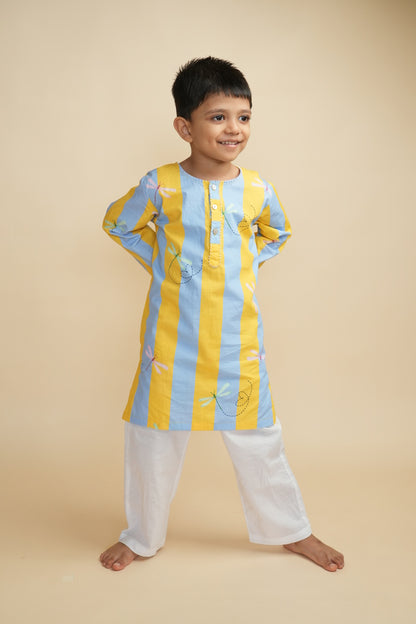 Boys Cotton Kurta Set with Hand Embroidered Beadwork – Stripes and Dragonflies