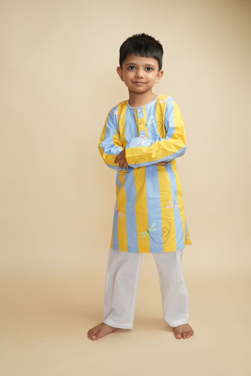 Boys Cotton Kurta Set with Hand Embroidered Beadwork – Stripes and Dragonflies