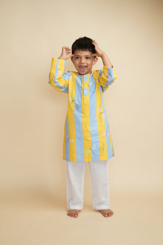 Boys Cotton Kurta Set with Hand Embroidered Beadwork – Stripes and Dragonflies