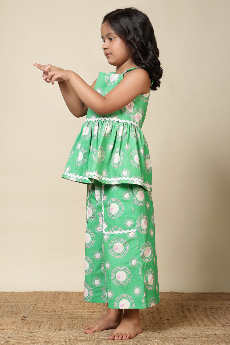 Girls Cotton Co-ord Set with Lace – Green Heart Ripples