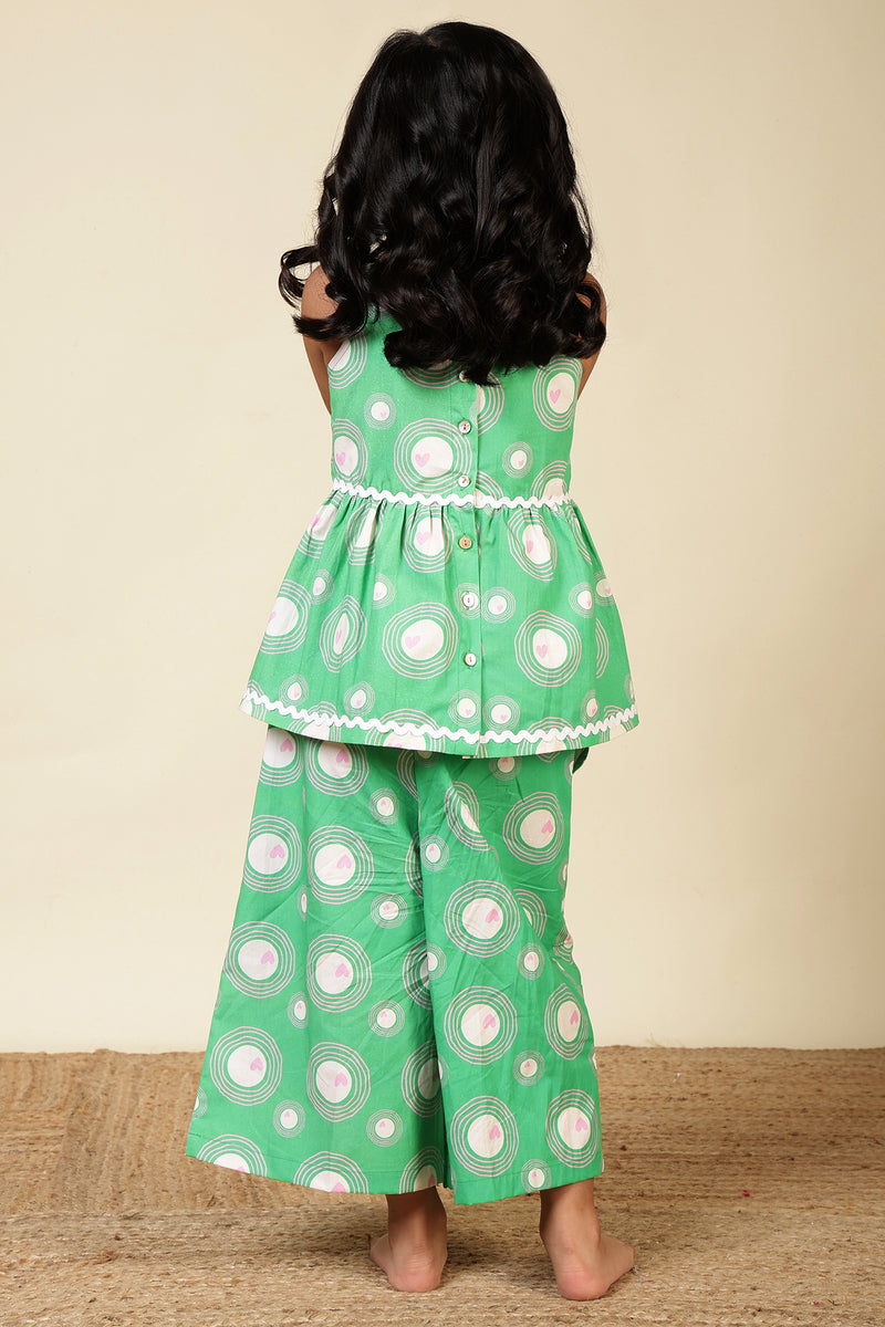 Girls Cotton Co-ord Set with Lace – Green Heart Ripples